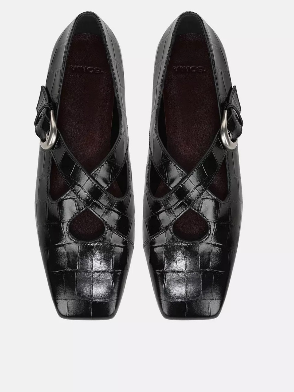 Vince Black Croc-Embossed Mary Jane Flats with Buckle